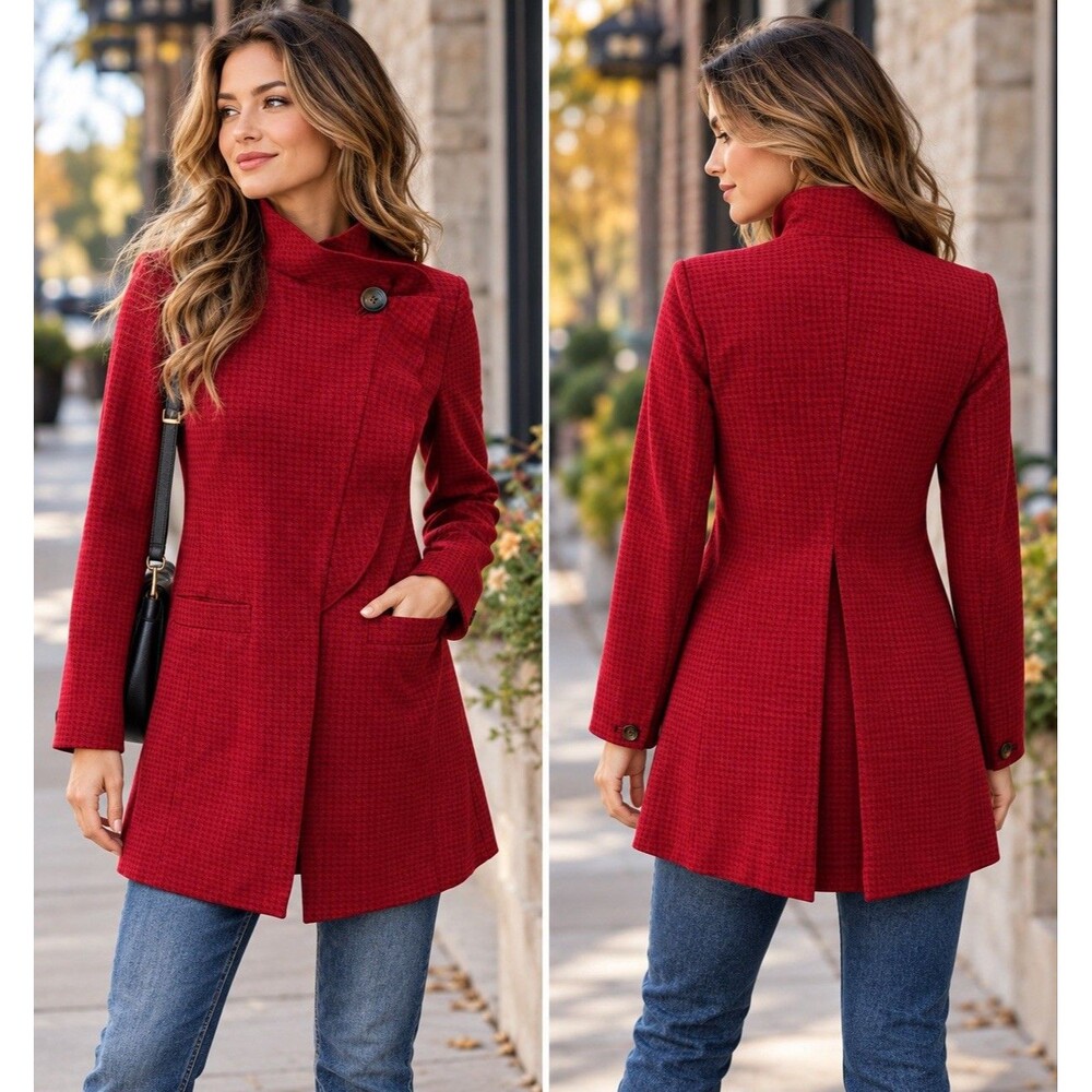 CAbi Celebration Jacket Red Houndstooth Style #3546 Ruffle Front One Button